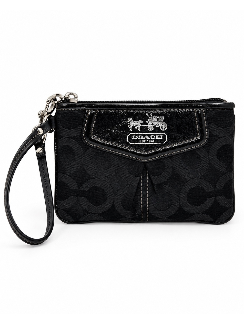 Coach Black Signature Jacquard Patent Leather Wristlet Horse Carriage